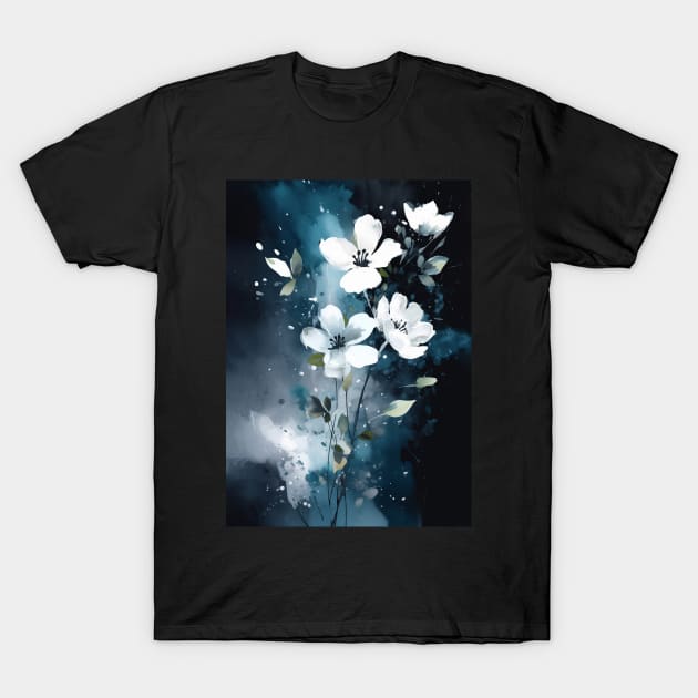 Ethereal Blooms: White Flowers on Blue T-Shirt by simonrudd